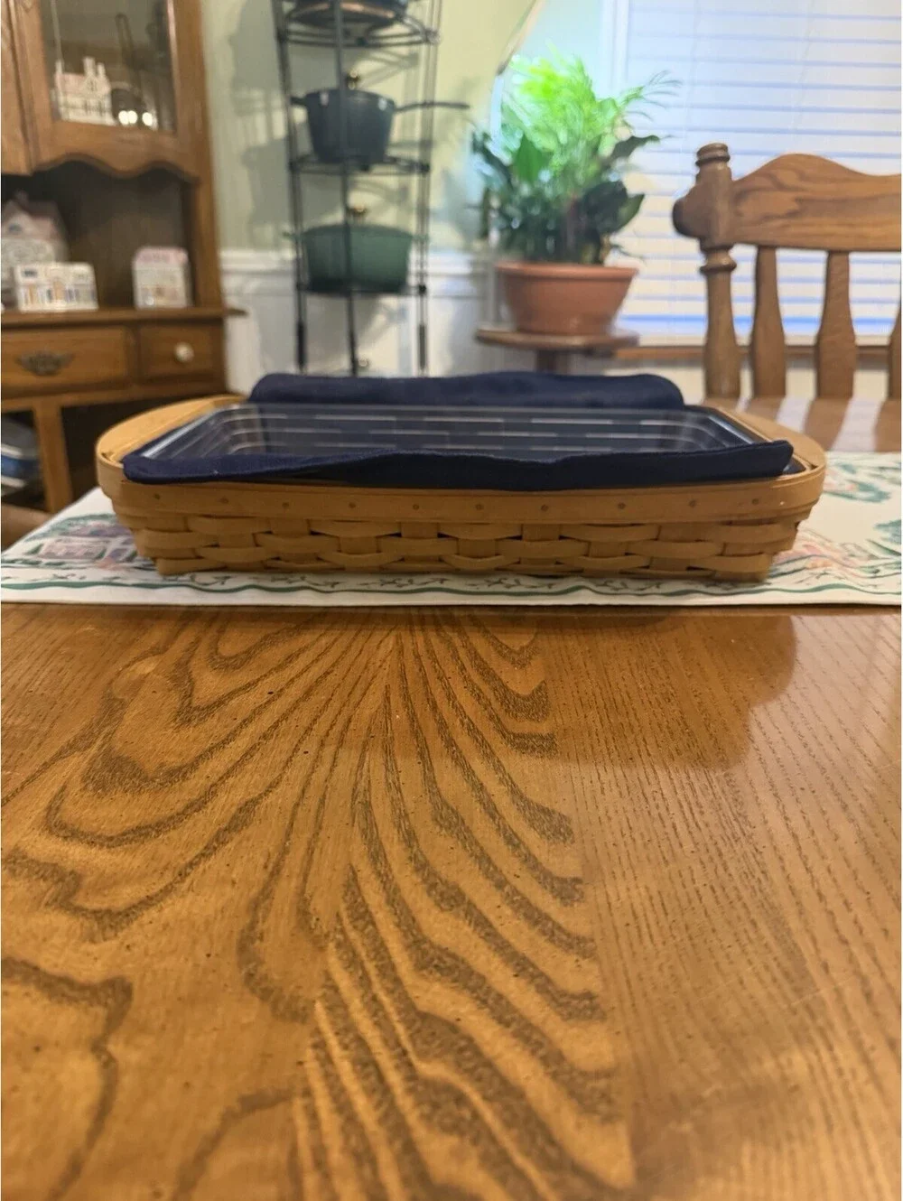 Longaberger 2004 Woven Wood Rectangle Storage Basket Blue Liner Protector